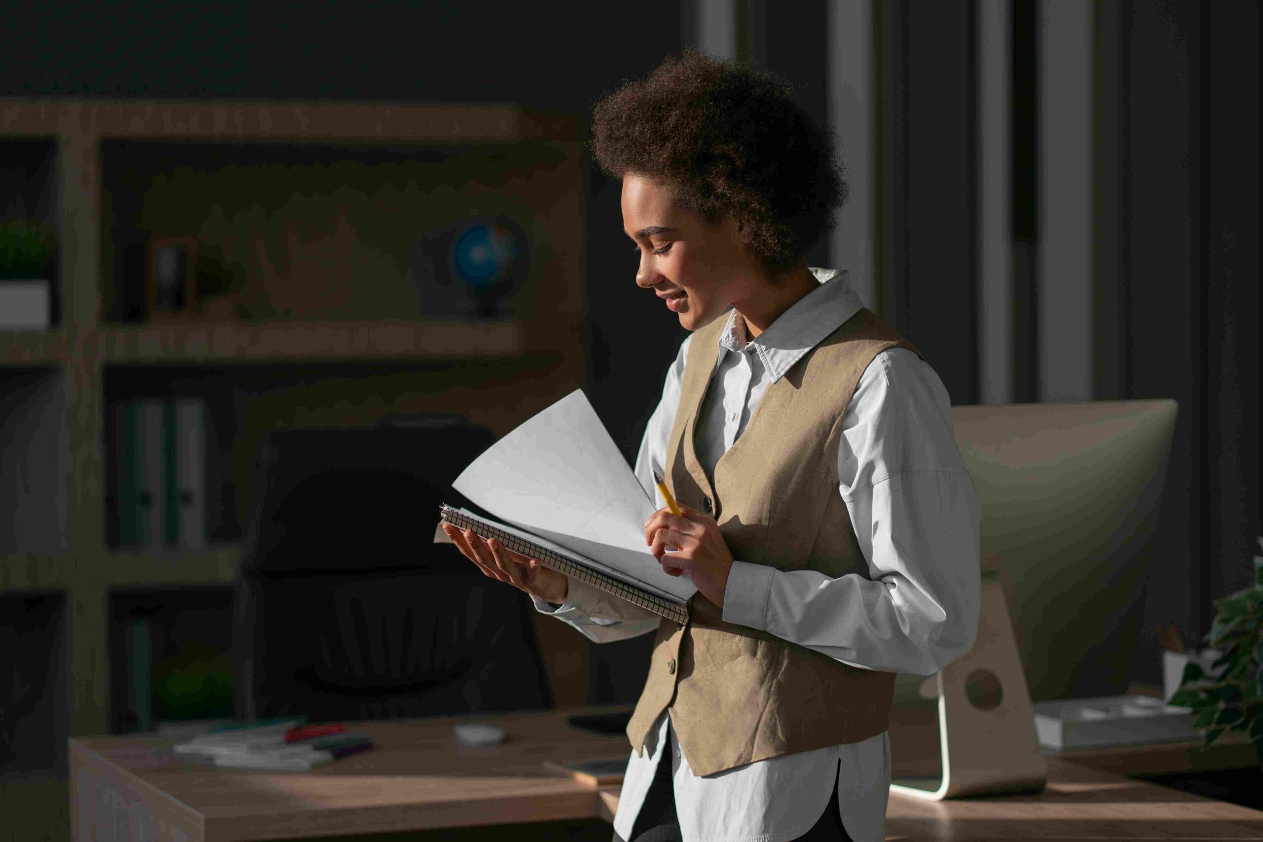 Woman reviewing notes in an office while holding a notebook and pencil.